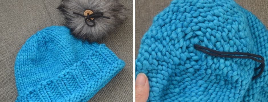 Illustration af hvordan en pelskvast bindes fast til en strikket hue med en knap - del 1