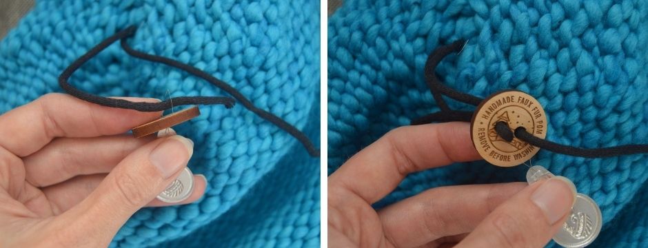 Illustration af hvordan en pelskvast bindes fast til en strikket hue med en knap - del 2