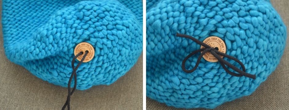 Illustration af hvordan en pelskvast bindes fast til en strikket hue med en knap - del 3