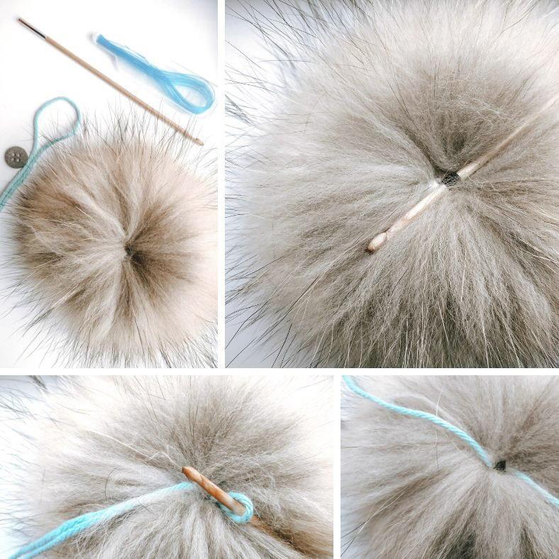 Illustration af hvordan garnsnore kan fastgøres til en kvast med en lille elastik