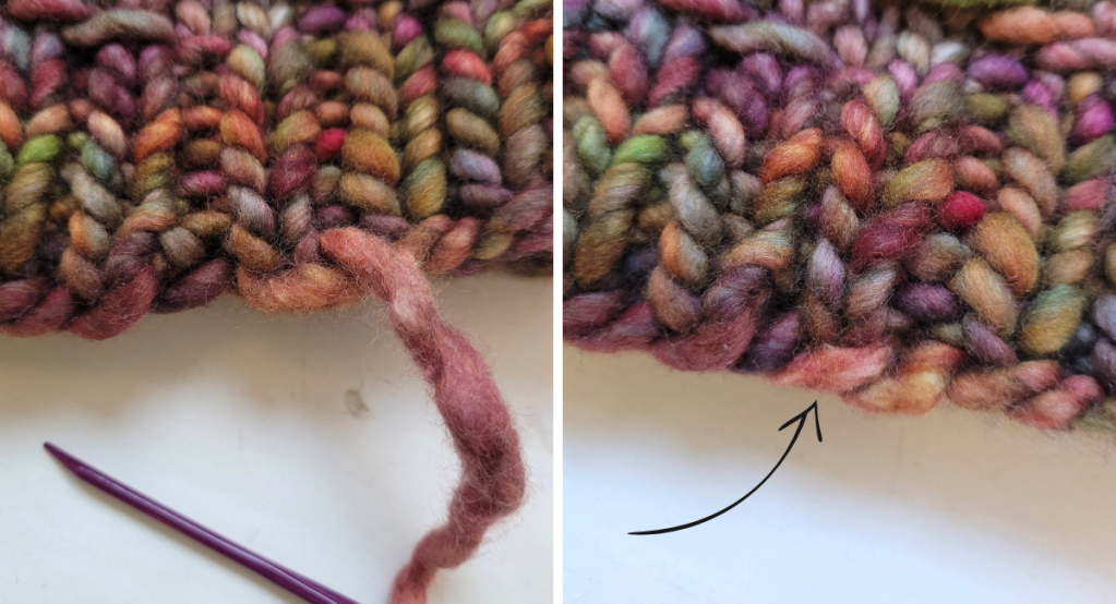 Sådan skjules hakket ved opslåningskanten på en hue strikket i den tykke Malabrigo Rasta garn.